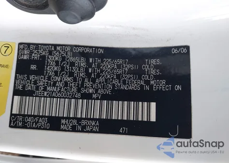 2006 Toyota Highlander Hybrid V6 z USA, uszkodzony, nr VIN JTEEW21A060032748